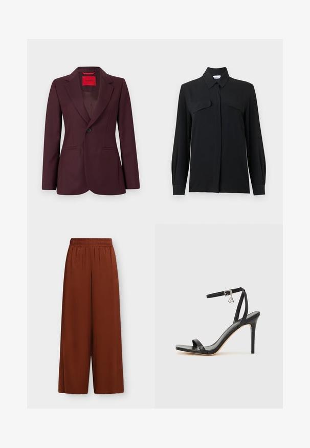 Blazer bordeaux avec un revers cranté, une fermeture à un bouton, deux poches avant, et un tissu subtilement texturé. Intérieur avec une étiquette rouge.; Blouse noire à boutons, réalisée en tissu léger, avec un col pointu, des manches longues et deux poches poitrine avec rabats.; Pantalon marron à jambes larges avec taille élastique, tissu lisse et coupe ample et décontractée, présenté sur un fond clair uni.; Sandale à talon haut noire avec une bride étroite à la cheville, bout carré, cuir lisse et accent de boucle métallique.