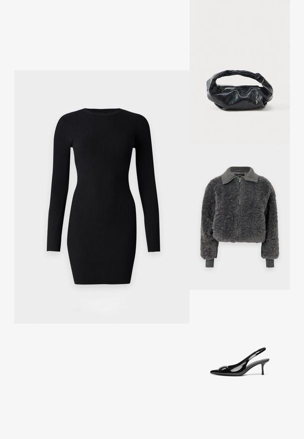 Veste à zip en fausse fourrure shearling gris foncé avec col et poignets côtelés, dotée d'une fermeture éclair à l'avant et d'une coupe légèrement courte.; Good American VIRGO MINI DRESS - Robe fourreau - black; Escarpins slingback en cuir verni noir avec un bout pointu et une finition brillante. Présente un talon fin et un accent arrondi au dessus du pied.; Sac noir en matériau texturé et brillant avec une poignée circulaire torsadée et une fermeture éclair. Présente un design doux et froissé.