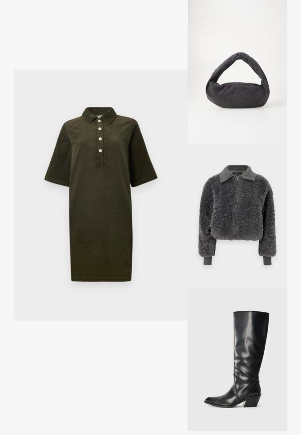 Mørkegrå faux shearling zip-up jakke med ribbede krave og manchetter, der har en frontlynlås og en let cropped pasform.; Mørkegrødt kordkjole med korte ærmer, krave og fire sølvknapper ned ad fronten.; Sorte læder knæhøje støvler med spids tå, vinklet hæl og glat tekstur. Funktioner en subtil syning langs siden.; Mørkegrå stofpose med et buet håndtag, blød tekstur og rund form. Ingen synligt hardware eller pynt.