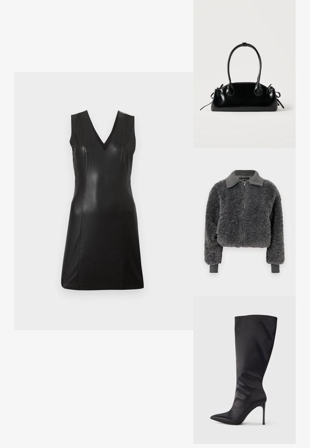 Mørkegrå faux shearling zip-up jakke med ribbede krave og manchetter, der har en frontlynlås og en let cropped pasform.; Sort ærmeløs kjole i kunstlæder med V-hals og figursyede sømme, knælang, mod en ensfarvet lys baggrund.; Sort knæhøj stiletstøvle lavet af glat, glansfuldt materiale; spids tå; tætsiddende pasform med let samling nær anklen; skinnende hæl.; Lille sort blank håndtaske med to lange håndtag og snøre-detaljer i siden på en ensfarvet lys baggrund.