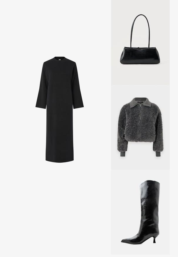Tumehall faux shearling'ist valmistatud lukuga jope, millel on ribakrae ja -varrukad, esiküljel on tõmblukk ning see on veidi lühike.; Must mustaga, pikkade varrukatega must kleit kõrge kaelusega, valmistatud siledast ja tekstuurilisest kangast. Omab sirget lõiget ja ulatub üle põlvede.; Mustad läikivad põlveni ulatuvad nahast saapad terava varba ja madala kõverdatud kontsaga ühevärvilisel heledal taustal.; Must ristkülikukujuline õlakott pikkade õhukeste rihmade ja siledapoolse, läikiva tekstuuriga ühevärvilisel taustal.