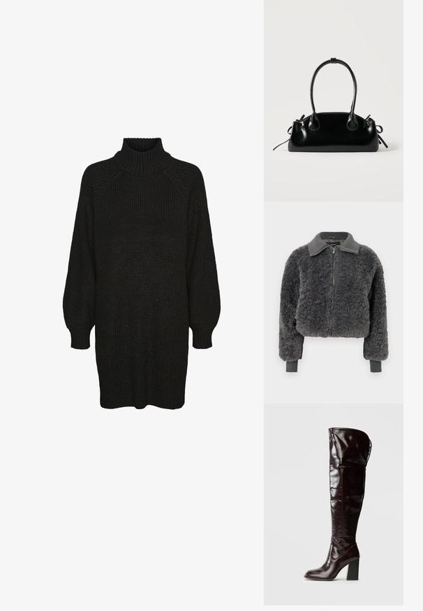 Dunkelgraue Fake-Shearling-Zip-Up-Jacke mit geripptem Kragen und Bündchen, ausgestattet mit einem Frontreißverschluss und einem leicht verkürzten Schnitt.; Schwarzes Strickkleid mit hochgeripptem Kragen, Raglanärmeln und strukturiertem Stoff. Lockere Passform mit umgeschlagenen Ärmeln und geradem Saum.; Kniehohe, glänzende Stiefel aus burgunderfarbenem Leder mit quadratischer Spitze und Blockabsatz, mit einem lässigen Design und minimalen Nähten.; Kleine schwarze glänzende Handtasche mit zwei langen Griffen und seitlichen Kordelzug-Details vor einfachem hellem Hintergrund.