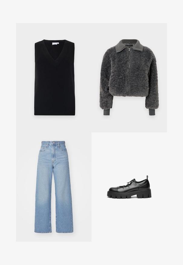 Tumehall faux shearling'ist valmistatud lukuga jope, millel on ribakrae ja -varrukad, esiküljel on tõmblukk ning see on veidi lühike.; Must mustrakk mustrikudu, sügava V-kaelusega, millel on ribakujundus ja peened külgedetailid. Klassikaline disain otsekülgedega.; Heledad sinine kõrge vöökohaga laiad teksad, ees nupp ja tõmblukk, ees ja taga taskud, valge tausta peal.; Must tume lace-up kingad, ümarate varvastega, paksu platvormitald ja dekoratiivne õmblusdetail ääres.
