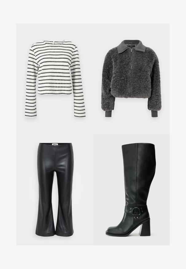 Veste à zip en fausse fourrure shearling gris foncé avec col et poignets côtelés, dotée d'une fermeture éclair à l'avant et d'une coupe légèrement courte.; Top court blanc à manches longues avec des rayures zigzag horizontales noires et tissu texturé, avec un col rond.; Pantalons évasés en simili cuir noir avec une texture lisse. Dotés d'une taille haute et de fentes à l'ourlet pour un ajustement décontracté. Étiquette de marque à l'intérieur de la taille.; Bottes en cuir noires arrivant au genou, avec un bout carré, un large talon et une sangle décorative avec des accents métalliques autour de la cheville. Texture lisse.