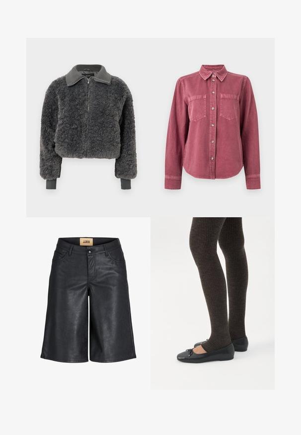 Mørkegrå faux shearling zip-up jakke med ribbede krave og manchetter, der har en frontlynlås og en let cropped pasform.; Langærmet skjorte i falmet rosenfarve med knapper, krave og to brystlommer, vist på en ensfarvet hvid baggrund.; Sorte knælange shorts i imiteret læder med frontknap, bæltestropper og JJXX-mærke på den indvendige talje.; Ben iført mørke ribbede leggings kombineret med sorte balletsko med små sløjfedetaljer på hvid baggrund.
