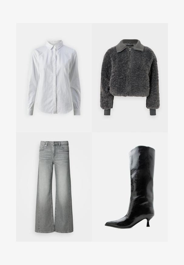 Tumehall faux shearling'ist valmistatud lukuga jope, millel on ribakrae ja -varrukad, esiküljel on tõmblukk ning see on veidi lühike.; Valge nööpidega särk, mis on valmistatud siledast puuvillast. Särgil on klassikaline krae, pikad varrukad ja kaarduv äär. Nöödid on väikesed ja valged.; Kõrge vöökohaga hallid laiade jalgadega teksapüksid ees nööpide ja tõmblukuga, ees ja taga taskutega, kuvatud valgel taustal.; Mustad läikivad põlveni ulatuvad nahast saapad terava varba ja madala kõverdatud kontsaga ühevärvilisel heledal taustal.