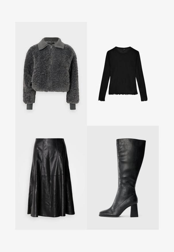 Dunkelgraue Fake-Shearling-Zip-Up-Jacke mit geripptem Kragen und Bündchen, ausgestattet mit einem Frontreißverschluss und einem leicht verkürzten Schnitt.; Schwarzes Langarmshirt mit Rundhalsausschnitt und geschwungenen Kanten an Ärmeln und Saum, flach auf einem weißen Hintergrund ausgelegt.; Schwarzer Lederrock mit ausgestellter Silhouette, sichtbaren Nähten und glatter Textur. Mittellanges Design mit klassischem Schnitt.; Schwarzer kniehoher Stiefel aus glattem Leder mit quadratischer Schuhspitze und klobigem Blockabsatz. Einfaches Design ohne Verzierungen.