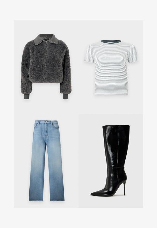 Tumehall faux shearling'ist valmistatud lukuga jope, millel on ribakrae ja -varrukad, esiküljel on tõmblukk ning see on veidi lühike.; Valge lühikeste varrukatega soonikkoes t-särk, millel on õhukesed horisontaalsed mustad triibud ja ühtlane tumehall ümar kaelus.; Hele-sinised sirge lõikega teksapüksid viie tasku disainiga, vööaasadega, nööpidega kinnine ja kerge vaigistus vöökohast ääreni.; Mustad nahast kuni põlveni ulatuvad saapad terava ninaga ja kõrge stiletto kontsaga. Sile tekstuur ja stiilne disain, millel on minimaalne kaunistus.