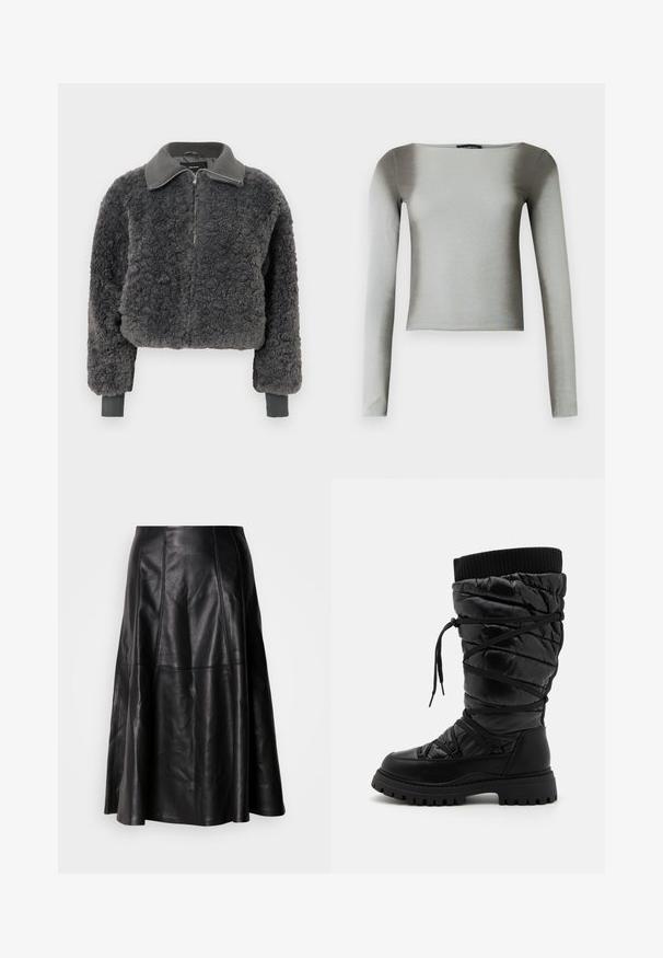 Mørkegrå faux shearling zip-up jakke med ribbede krave og manchetter, der har en frontlynlås og en let cropped pasform.; Langærmet, rundhalset top i en lysegrå stof. Glat tekstur med en tætsiddende pasform, der har minimale sømme og intet synligt hardware.; Sort lædernederdel med en flagrende silhuet, der har synlige sømme og en glat tekstur. Mellemlang design med en klassisk snit.; Sorte knæhøje støvler med en kviltet tekstur, der har snørebåndsdesign, kontrasterende ribbet topkant og en tyk, robust sål.