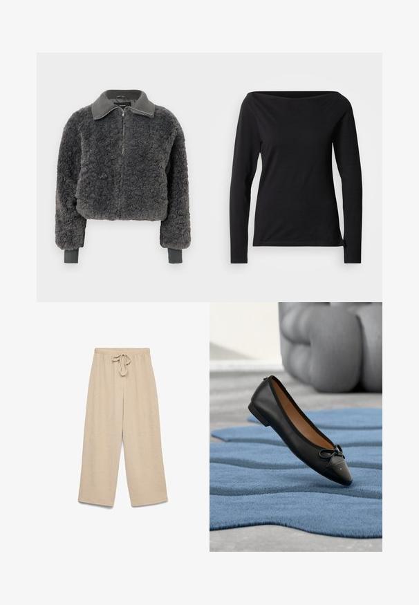 Veste à zip en fausse fourrure shearling gris foncé avec col et poignets côtelés, dotée d'une fermeture éclair à l'avant et d'une coupe légèrement courte.; Haut noir à manches longues avec un large décolleté bateau, fabriqué en tissu lisse et extensible, présentant une coupe ajustée et un design minimaliste.; Pantalon beige à jambes larges avec ceinture élastique et détail noué à l'avant, fabriqué en tissu texturé.; Ballerine en cuir noir avec un bout arrondi, un embout noir brillant et un nœud décoratif. Dispose d'une semelle intérieure rembourrée et d'un petit talon.