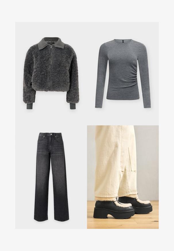 Mørkegrå faux shearling zip-up jakke med ribbede krave og manchetter, der har en frontlynlås og en let cropped pasform.; Grå tætsiddende top med lange ærmer, rund halsudskæring og sidesmækdetalje på en ensfarvet baggrund.; Sort højtaljede jeans i straight-leg denim med forlommer, bæltestropper, knap og lynlås på hvid baggrund.; Sorte platformstøvler med en rund tå, der har en fluffy cremefarvet krave og snøre detaljer, parret med løse beige bukser på et trægulv.