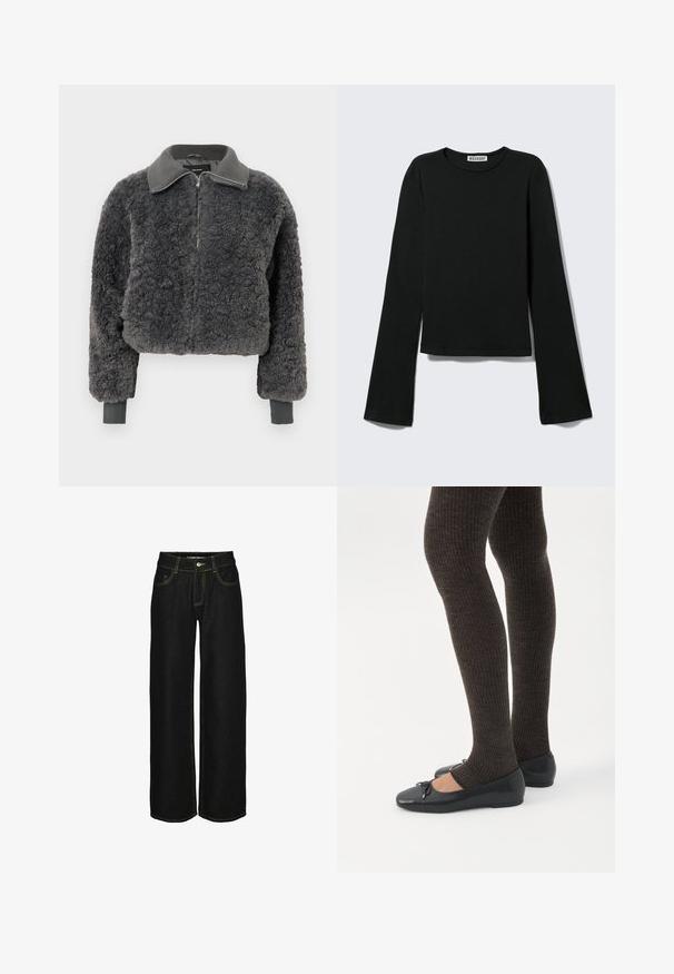 Mørkegrå faux shearling zip-up jakke med ribbede krave og manchetter, der har en frontlynlås og en let cropped pasform.; Sort langærmet rundhalset skjorte med en figursyet silhuet og let udvidede ærmer, mærket med "Weekday" brandetiketten ved halsudskæringen.; Sorte wide-leg jeans lavet af denim med kontrasterende gul syning. Har en knaplukning og flere lommer.; Ben iført mørke ribbede leggings kombineret med sorte balletsko med små sløjfedetaljer på hvid baggrund.