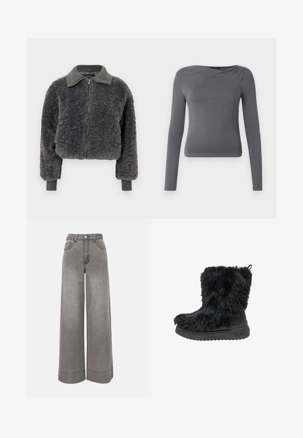 Tumehall faux shearling'ist valmistatud lukuga jope, millel on ribakrae ja -varrukad, esiküljel on tõmblukk ning see on veidi lühike.; Hall harjatud kangast, pehme ja veniv pika varrukaga särk. Disainis on moekas risti üle kattuv kaelus ning keha järgiva lõike ja sirge servaga.; Kõrge vöökohaga laiade säärtega hallid teksapüksid punutud vöökinnitusega, esitaskute, nööpide sulgemise ja mansettidega säärtega.; Mustre musta imitatsiooniga karv jalgadele, millel on paks must kummitald ja tekstureeritud pind. Tagaküljel on mugav tõmblõng, mis lihtsustab jalga panemist.