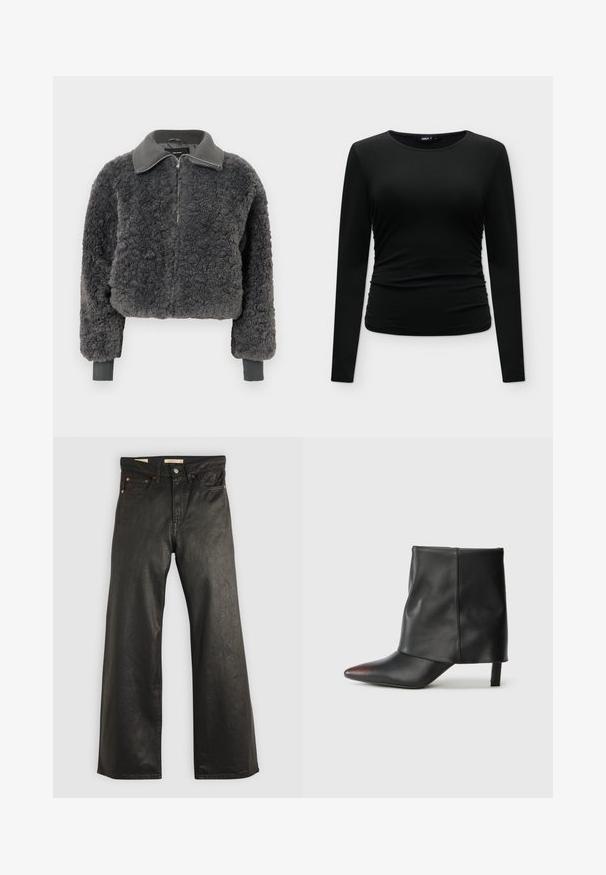 Mørkegrå faux shearling zip-up jakke med ribbede krave og manchetter, der har en frontlynlås og en let cropped pasform.; Sort tætsiddende top med lange ærmer med let rynkede sider og rund halsudskæring, vist på en ensfarvet hvid baggrund.; Sorte denim bukser med brede ben og en glat tekstur, der har fem lommer og detaljer i kobberfarvet metal. Klassisk knaplukning.; Sort ankelstøvle lavet af glat læder med spids tå og tilspidset hæl. Overdelen har et let rynket design.