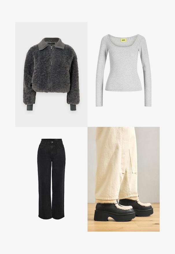 Veste à zip en fausse fourrure shearling gris foncé avec col et poignets côtelés, dotée d'une fermeture éclair à l'avant et d'une coupe légèrement courte.; Haut gris clair à manches longues, ajusté, avec un large col en forme de scoop et une étiquette de marque jaune "JJXX" cousue à l'intérieur du col.; Jean en denim noir taille haute avec jambes droites, bouton frontal et design à cinq poches.; Bottes à plateforme noires avec un bout rond, dotées d'un col crémeux duveteux et de détails en dentelle, associées à un pantalon beige ample sur un sol en bois.