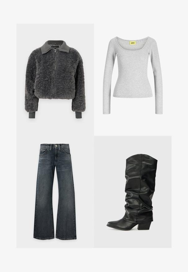 Dunkelgraue Fake-Shearling-Zip-Up-Jacke mit geripptem Kragen und Bündchen, ausgestattet mit einem Frontreißverschluss und einem leicht verkürzten Schnitt.; Hellgraues, enganliegendes Langarmoberteil mit weitem Rundhalsausschnitt und gelbem Markenetikett "JJXX" innen am Kragen eingenäht.; Dunkel gewaschene Jeans mit weitem Bein, leichter Ausbleichung an den Oberschenkeln, klassischem Fünf-Taschen-Design und sichtbaren Nähten, flach auf weißem Hintergrund ausgebreitet.; Schwarze Lederstiefel bis zum Knie mit einem rüschigen Design, spitzem Zehenbereich und breitem Absatz, mit glatter Texture und minimaler Naht.