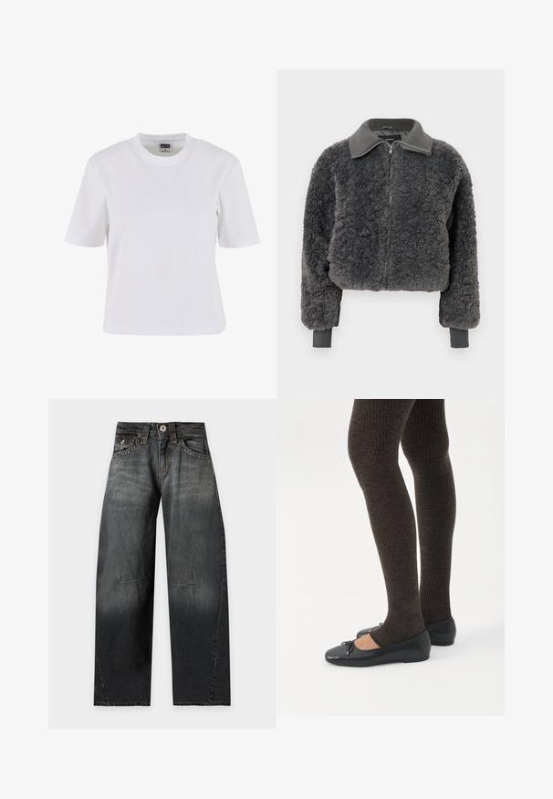 Veste à zip en fausse fourrure shearling gris foncé avec col et poignets côtelés, dotée d'une fermeture éclair à l'avant et d'une coupe légèrement courte.; T-shirt blanc à manches courtes en coton, avec un col rond, une coupe décontractée et une texture lisse avec des détails de couture minimaux.; Jean noir à jambes larges avec fermeture par boutons, poches avant et arrière, et détails de coutures visibles sur les jambes.; Jambes portant des leggings côtelés foncés associés à des ballerines noires avec de petits détails en nœud sur fond blanc.