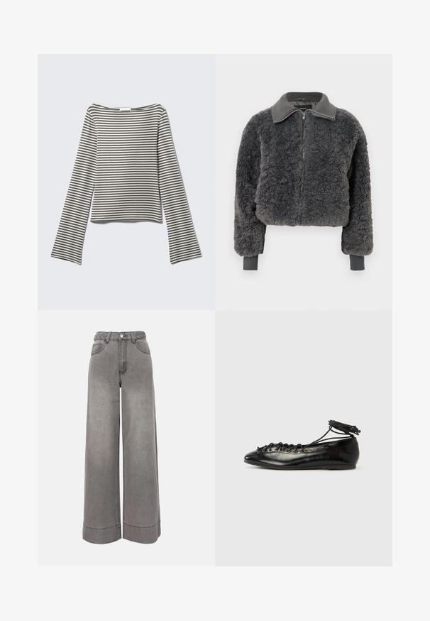 Veste à zip en fausse fourrure shearling gris foncé avec col et poignets côtelés, dotée d'une fermeture éclair à l'avant et d'une coupe légèrement courte.; Haut court à manches longues aux rayures horizontales gris et blanc atténuées, fabriqué en tissu doux avec un décolleté large style bateau et des manches évasées.; Pantalon large en jean gris taille haute avec ceinture tressée, poches avant, fermeture à boutons et ourlets retroussés.; Ballerines en cuir verni noir avec un bout rond, un design à lacets et une semelle plate. Texture lisse avec peu de détails.