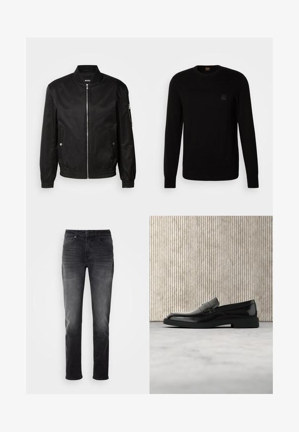 Schwarze Bomberjacke aus glattem Material, mit einem gerippten Kragen, vorne mit Reißverschluss, seitlichen Taschen und elastischen Bündchen sowie Bund.; Schwarzer Strickpullover mit langen Ärmeln, Rundhalskragen und einem kleinen strukturierten Logo-Patch auf der Brust. Glatte Textur über die gesamte Fläche.; Schwarze Jeans aus Denim mit geradem Bein. Verfügt über einen Knopf- und Reißverschluss, fünf Taschen und dezente Ausbleichungen im Stoff.; Schwarzer, polierter Lederloafer, der über einem beigen Teppich schwebt, mit orangener, durchscheinender Möbel im Hintergrund.