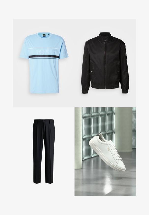 Sort bomberjakke lavet af glat stof, med en ribbet krave, lynlås foran, sidelommer og elastiske manchetter og kant.; Lyseblå bomulds t-shirt med rund hals, der har et tekstureret "BOSS" logo i midten og en sort vandret stribe tværs over brystet.; Sorte bukser lavet af glat stof, med lige ben-design, plisseringer foran og knaplukning med bæltestropper.; Hvid læder lav-top sneaker med snørebånd, sort hælflig og "BOSS"-logo, svævende indendørs nær glasblok væg og poleret gulv.