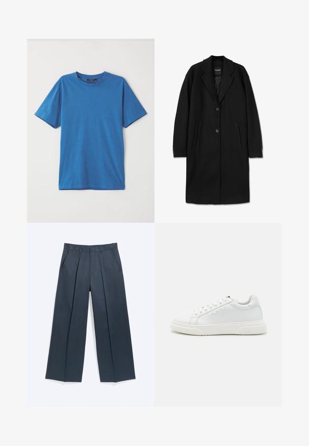 Zwarte wollen overjas met een geknipte kraag, een enkelvoudige sluiting, twee voorzakken en knoopsluiting bij de mouwen. Glad textuur en op maat gemaakte pasvorm.; Blauwe katoenen t-shirt met korte mouwen, ronde hals en een zachte textuur. Geen patronen of accenten. Eenvoudig, klassiek ontwerp.; Donkergrijze broek met wijde pijpen, plooien aan de voorkant, zijzakken, riemlussen en een verborgen voorsluiting, getoond op een witte achtergrond.; Witte leren sneakers met een laag model, voorzien van tonale stiksels en een getextureerde rubberen zool. Merken zijn in de zijkant geperst.