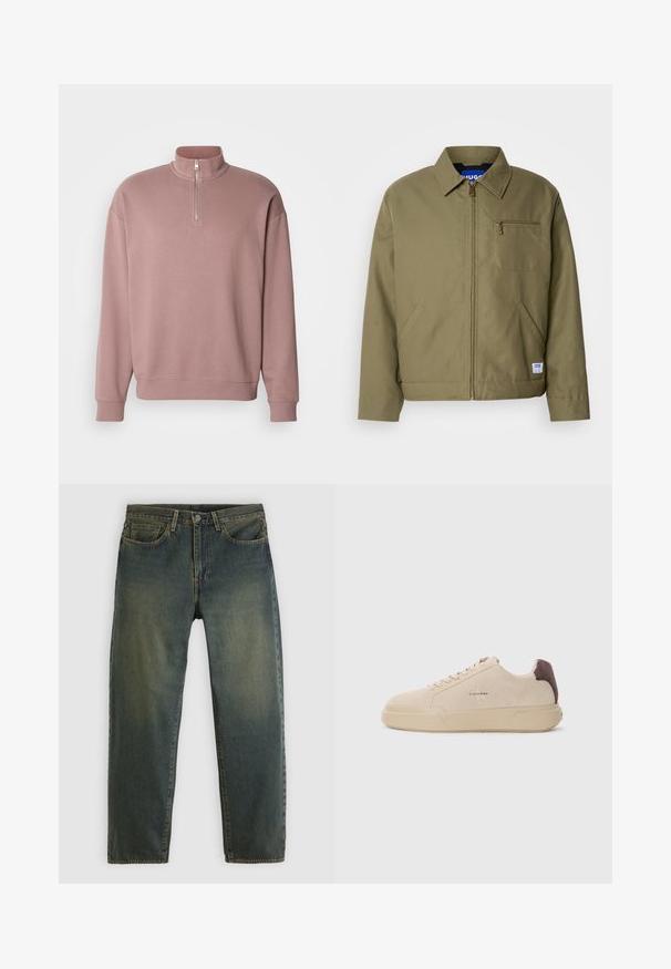 Olivroheline jakk, millel on tõmblukk, terav krae, üks rinna-tasku, küljetaskud ja sinine brändi silt alläärs.; Roosa pullover-sweater kõrgema kraega, pool-kinnitus ja soonikkoes varrukad. Esiküljel on peen logo detail. Pehme materjal.; Tumedrohelised teksapüksid viie taskuga, nööpidega kinnitusega ja sirgete sääreotstega, esitatud heledal ühetoonilisel taustal.; Beige nabukist kingad ümmarguse nina, paeltega esiosas ja pruuni nabukist aktsendiga kanna osas. Omab tekstuuriga kummist tallat.