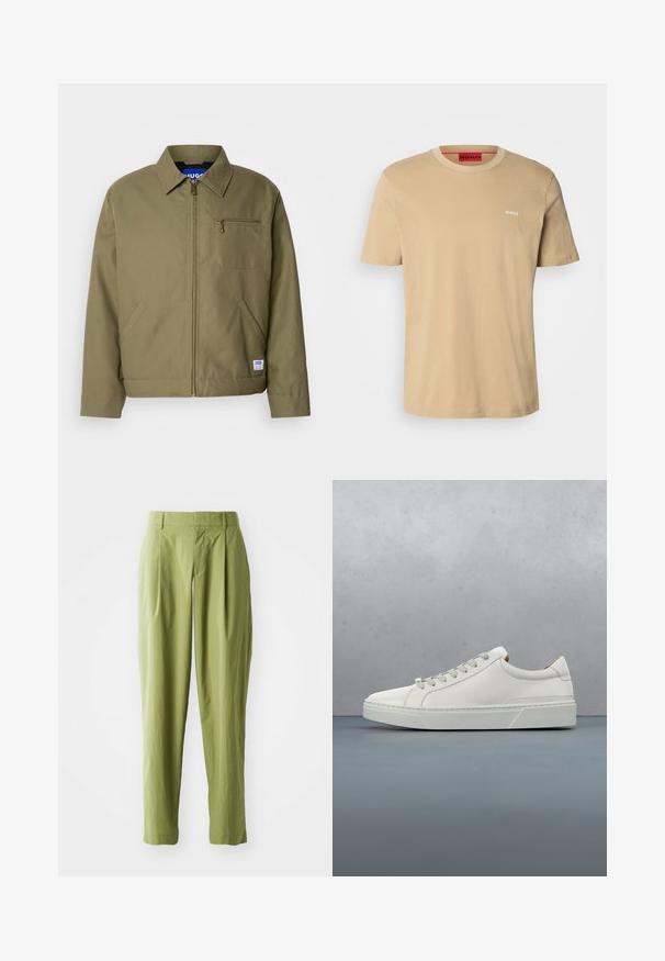 Olivgrüne Jacke mit einem Reißverschluss, spitzem Kragen, einer Brusttasche, Seitentaschen und einem blauen Markenetikett am Saum.; Beige Baumwoll-T-Shirt mit Rundhalsausschnitt, kurzen Ärmeln und einem kleinen weißen "HUGO"-Logo auf der Brust. Glatte Textur ohne Muster.; Hellgrüne Hose aus einem strukturierten Stoff, mit geradem Schnitt, Falten an der Vorderseite und einem normalen Bund.; Weißes Leder-Sneaker mit abgerundetem Zehenbereich, minimalistisches Design, graue Schnürsenkel und einer strukturierten grauen Gummisohle. Dezente Nähte sichtbar.