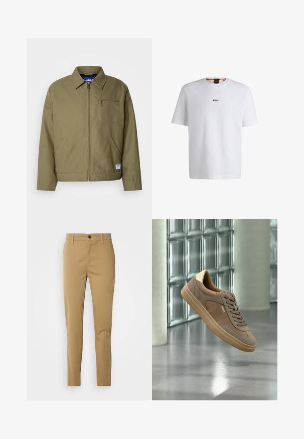 Oliven grøn jakke med lynlåslukning, spids krave, enkelt brystlomme, sidelommer og et blåt mærke på kanten.; Hvid bomuld T-shirt med korte ærmer, med et sort "BOSS" logo centreret på brystet og en rund halsudskæring.; Khaki bukser lavet af bomuld. Slim fit design med en glat tekstur, forlommer og en enkelt knaplukning i taljen.; Beige casual sneaker med snørebånd og "BOSS"-logo, som svæver over en poleret betongulv med glasblokvæg i baggrunden.