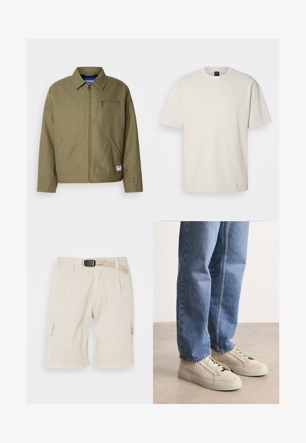 Olijfgroen jack met ritssluiting, spitse kraag, enkele borstzak, zijzakken en een blauw merklabel aan de zoom.; Korte mouwen, ronde hals t-shirt in off-wit katoen, met een rechte snit en minimale merkvermelding op de hals. Zachte textuur, geen patronen.; Beige cargoshorts met een vlakke voorkant, riemlussen, plooien, zijzakken en een gestructureerde stof. De lengte reikt tot halverwege het bovenbeen.; BOSS GARYTENN_SDHDEL - Sneakers laag - natural ten