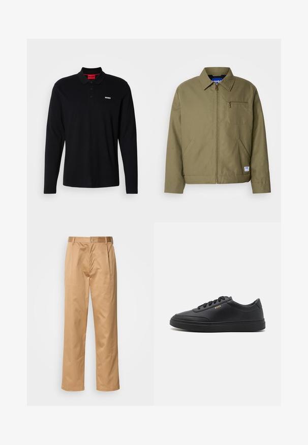 Chaqueta verde oliva con cierre de cremallera, cuello puntiagudo, un bolsillo en el pecho, bolsillos laterales y una etiqueta de marca azul en el dobladillo.; Camisa polo negra de manga larga hecha de algodón, con un cuello rojo y una tapeta de tres botones, y un logo blanco "HUGO" en el pecho.; Pantalones caqui, mezcla de algodón, diseño de pierna recta, con pliegues delanteros, trabillas para cinturón y cierre de botón. Textura suave sin patrones.; Zapatillas de cuero negro con una textura suave, punta redondeada, suela plana de goma y cordones a tono. Presentan el logotipo dorado "BOSS" en el lateral.