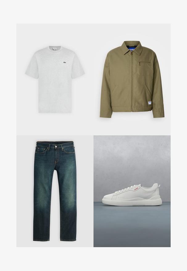 Veste verte olive avec fermeture éclair, col pointu, poche poitrine simple, poches latérales et étiquette de la marque bleue sur l'ourlet.; T-shirt gris clair à manches courtes et col rond avec petit logo crocodile vert Lacoste sur la poitrine gauche.; Jean en denim bleu foncé avec une coupe droite, coutures visibles, style cinq poches et une texture légèrement usée avec un léger délavage.; Sneaker blanche avec une finition en cuir lisse, bout rond, quatre œillets, perforations subtiles et un détail de logo rouge sur le côté.