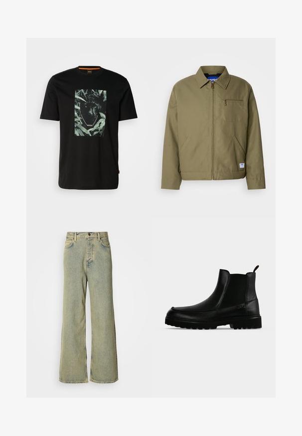 Olivgrüne Jacke mit einem Reißverschluss, spitzem Kragen, einer Brusttasche, Seitentaschen und einem blauen Markenetikett am Saum.; Schwarzes Baumwoll-T-Shirt mit einem zentralen Motiv eines Panthers, umgeben von Blättern, mit einem Kettenkragen und dem Text "BOSS". Kurze Ärmel.; Weite Jeans aus hellblauem Denim, mit hohem Bund, klassischem Five-Pocket-Design und Knopfverschluss vorne.; Schwarzer Lederknöchelstiefel mit strukturierter Sohle, elastischen Seitenteilen und Zuglasche vor einem hellgrauen Hintergrund.