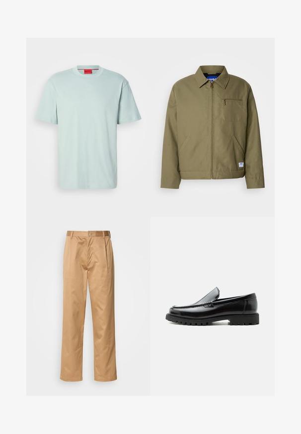 Olijfgroen jack met ritssluiting, spitse kraag, enkele borstzak, zijzakken en een blauw merklabel aan de zoom.; Lichtgroene T-shirt van katoen; ronde halsontwerp, korte mouwen, met een subtiele HUGO-logo in een contrasterende kleur.; Khaki broek, katoenmix, recht model, voorplooien, riemlussen en knoopsluiting. Gladde textuur zonder patronen.; Zwarte leren loafer met dikke rubberen zool, gestikte bovenkant en gegraveerde merknaam op de hiel, zijaanzicht op witte achtergrond.