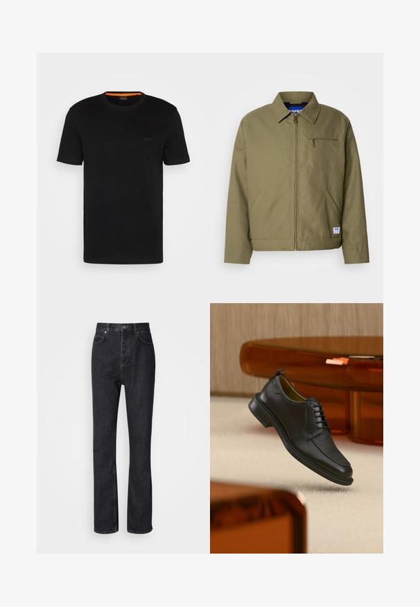 Olijfgroen jack met ritssluiting, spitse kraag, enkele borstzak, zijzakken en een blauw merklabel aan de zoom.; Zwarte korte mouwen t-shirt gemaakt van zachte stof, met een ronde halslijn en een subtiel logo op de voorkant. Binnenkant van de kraag heeft een oranje accent.; Hoge taille zwarte denim jeans met een knoop- en ritssluiting, voor- en achterzakken en een rechte pasvorm.; Zwarte leren veterschoen in de stijl van een nette schoen met een gestructureerd vooraanzicht, zwevend boven een beige tapijt in een moderne kamer met amberkleurige meubelen.