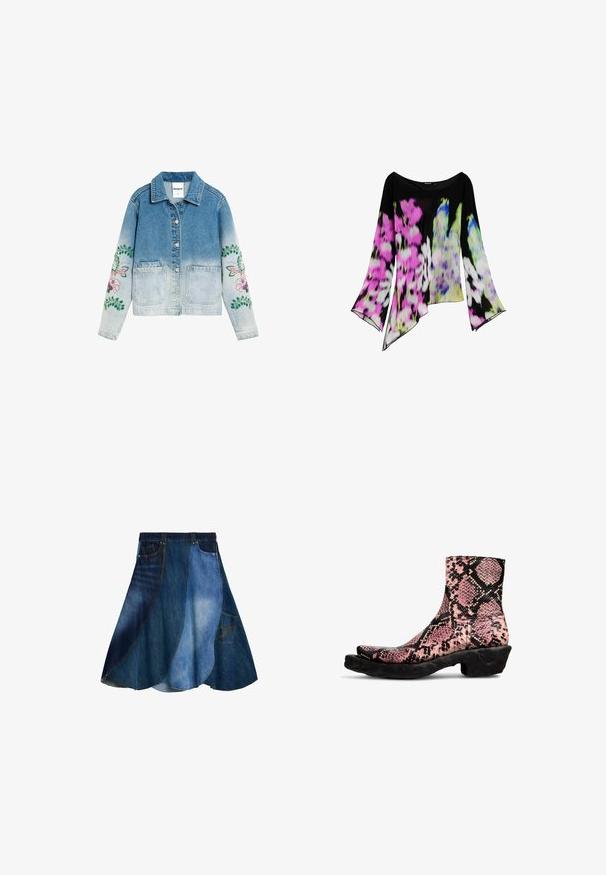 Denimjakke med gradient falming, forreste knapper, to lommer og blomsterbroderi på begge ærmer.; Sort bluse med lange ærmer, asymmetrisk kant og livlige blomsterprint i pink, hvid, grøn og blå.; Denimnederdel med lap-på-lap-design i forskellige nuancer af blå, slå-ud-form og en sidelomme. Glat tekstur og afslappet stil.; Ankelstøvler i pink og sort slangeskindsprintlæder med en struktureret finish, der har en unik buet sort gummisål.