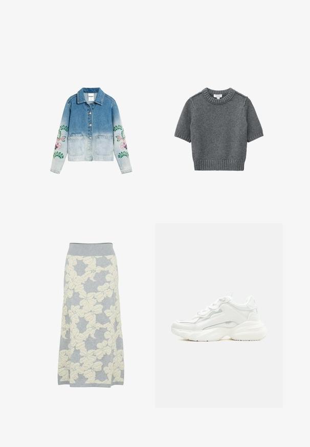 Denimjakke med gradient falming, forreste knapper, to lommer og blomsterbroderi på begge ærmer.; Grå kortærmet strikket sweater med ribbet rund hals, manchetter og kant, lagt fladt på en hvid baggrund.; Grå striknederdel med struktureret cremefarvet blomstermønster, med et tætsiddende talje og et let A-formet design.; Hvid chunky sneaker med tyk sål, snørelukning foran og glat syntetisk overdel med subtile syningsdetaljer.