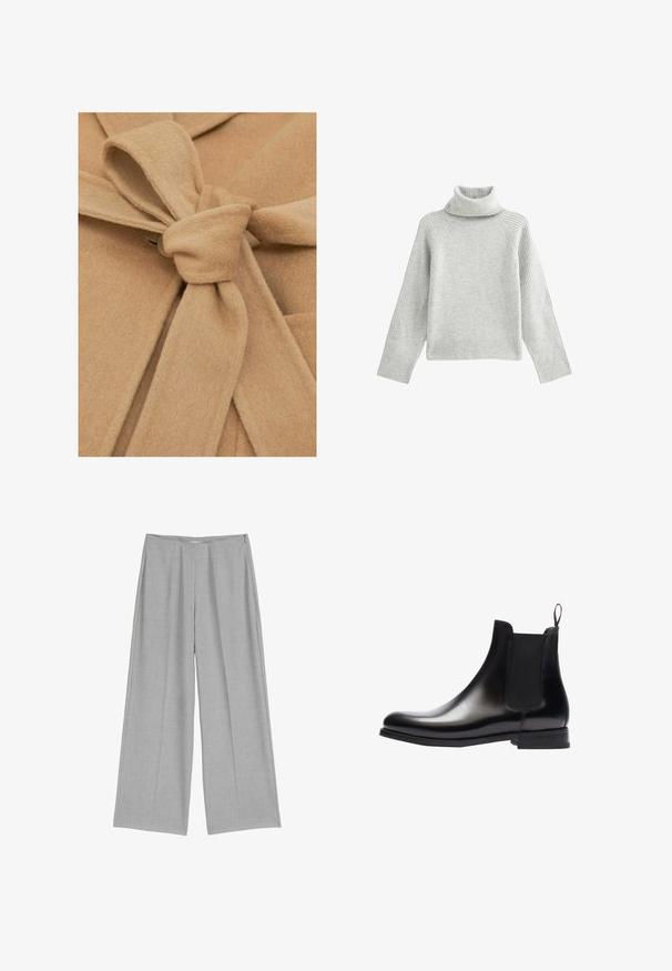 Beige filtstof med en knyttet talje detalje og en knaplukning. Teksturen er blød, og designet har en åben krave og symmetriske folder.; Lys grå turtleneck sweater med ribbet tekstur og raglanærmer. Pullover-designen har en tykk, ribbet kant og manchetter.; Lys grå bredbenede bukser med en plisseret front, der har en glat tekstur og en diskret sidelukning med lynlås.; Scarosso ELENA - Ankelstøvler - black