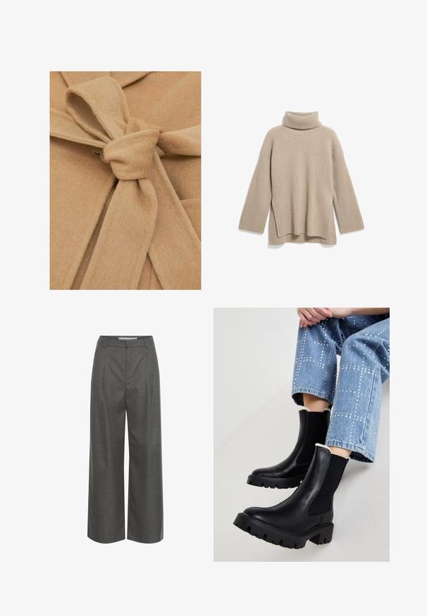 Beige filtstof med en knyttet talje detalje og en knaplukning. Teksturen er blød, og designet har en åben krave og symmetriske folder.; Beige rillede turtleneck sweater med en afslappet pasform, der har lange ærmer og en sideslidskant, lavet af et blødt, tekstureret strikstof.; Grå brede bukser lavet af struktureret stof, med høj talje og frontfolder, uden synlige lommer eller hardware detaljer.; Sorte læder ankelstøvler med elastiske sidepaneler, teksturerede klodsede såler og lammeskindforing øverst, parret med lyseblå dekorerede jeans.
