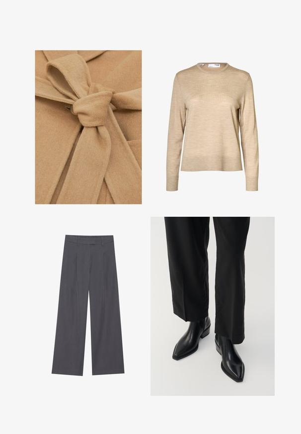 Beige filtstof med en knyttet talje detalje og en knaplukning. Teksturen er blød, og designet har en åben krave og symmetriske folder.; Beige langærmet uldsweater med rund hals og ribstrikkede manchetter og kant, vist mod en hvid baggrund.; Grå vidde benbukser med en glat tekstur, der har et plisset design foran og en standard talje for en komfortabel pasform.; Sorte læder ankelstøvler med spids tå, glat tekstur og firkantet hæl. Kombinationen med sorte, vide bukser skaber en slank silhuet.