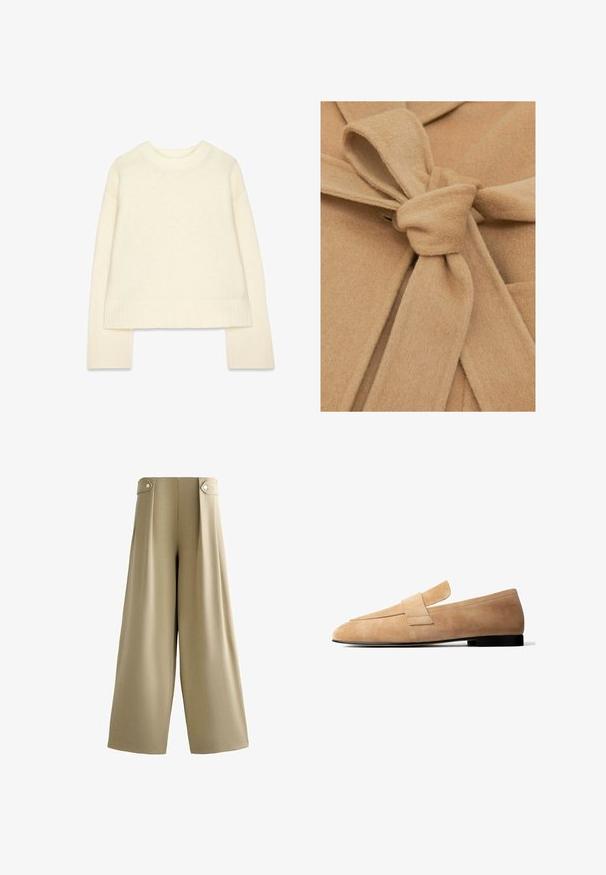 Beige filtstof med en knyttet talje detalje og en knaplukning. Teksturen er blød, og designet har en åben krave og symmetriske folder.; Cremefarvet strikket sweater med rund halsudskæring, sænket skuldre og lange ærmer. Har ribbede manchetter og lige kant.; Beige bukser med vide ben, højtaljede og med knappede stropper på hver side af taljebåndet, glat front og fuld længde benafslutning.; Lysebrun ruskindsløs loafer med en lav sort hæl og en bred remdetalje tværs over toppen, vist i sideprofil på hvid baggrund.