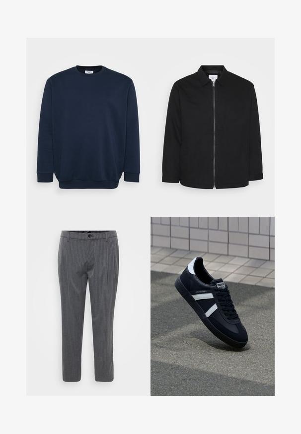Sort bomuldsjakke med lynlås foran, krave, sidelommer og lange ærmer. Enkelt design med en glat tekstur.; Marineblå sweatshirt lavet af blød bomuldsblanding, med rund hals, lange ærmer og ribbede manchetter og kant. Minimalistisk design uden mønstre.; Grå stribede bukser lavet af vævet stof, med flad front, bæltestropper og en enkelt knaplukning. Skåret pasform og opkradede ben.; Sort lædersneaker med hvide striber, tekstureret gummisål og snørrebånd foran. Har et brandet mærke på tungen.