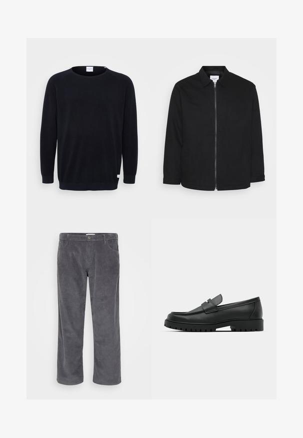 Sort bomuldsjakke med lynlås foran, krave, sidelommer og lange ærmer. Enkelt design med en glat tekstur.; Sort strikket sweater med rund halsudskæring og lange raglanærmer. Har ribbede manchetter og kant, tekstureret stof og et lille mærke ved kanten.; Grå kordfløjlsbukser med lige ben-design, der har forlommer og en diskret ribbet tekstur. Ingen synlig branding eller accenter.; Sorte læder loafers med rund tå, der har et syet design, lav platformssål og en struktureret, skridsikker gummisål.