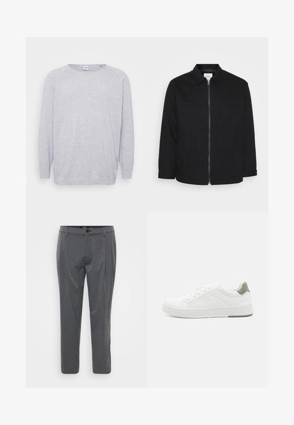 Sort bomuldsjakke med lynlås foran, krave, sidelommer og lange ærmer. Enkelt design med en glat tekstur.; Lys grå sweater med lange ærmer, rund halsudskæring og struktureret strik. Har et diskret spættet mønster og et lille mærke ved kanten.; Grå stribede bukser lavet af vævet stof, med flad front, bæltestropper og en enkelt knaplukning. Skåret pasform og opkradede ben.; Hvid sneaker lavet af glat læder, rund tå, minimalistisk design, grå hælafsats og tekstureret gummisål.