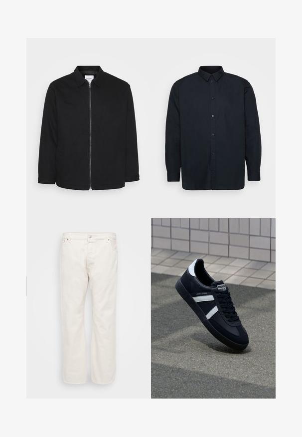 Zwarte katoenen jas met een ritssluiting aan de voorkant, kraag, zijzakken en lange mouwen. Eenvoudig ontwerp met een gladde textuur.; Zwarte button-up shirt gemaakt van katoen, met een klassieke kraag, long sleeves en zeven knopen aan de voorkant. Soepele textuur, geen opvallende patronen.; Witte denim jeans met een rechte pasvorm, voorzien van een knoopsluiting, riemlussen en twee zijzakken. Gladde textuur, minimalistische details.; Zwarte leren sneaker met witte strepen, een gestructureerde rubberen zool en vetersluiting aan de voorkant. Voorzien van een merklabel op de tong.