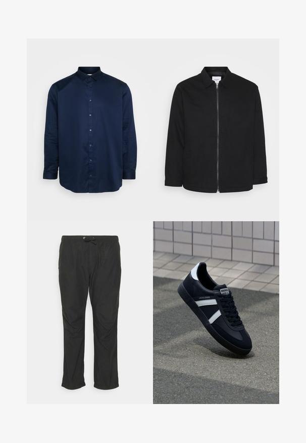 Veste en coton noir avec fermeture éclair à l'avant, col, poches latérales et manches longues. Design simple avec une texture lisse.; Chemise boutonnée bleu marine en tissu lisse, dotée d'un col classique, de manches longues et d'une patte de boutonnage avant avec des boutons assortis.; Jack & Jones JPSTPARACHUTE JJPANT - Pantalon classique - black; Sneaker en cuir noir avec des rayures blanches, semelle en caoutchouc texturée et devant à lacets. Présente une étiquette de marque sur la languette.
