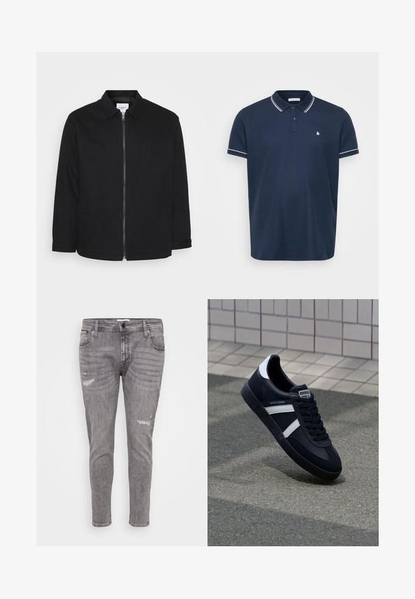 Sort bomuldsjakke med lynlås foran, krave, sidelommer og lange ærmer. Enkelt design med en glat tekstur.; Marineblå polo t-shirt lavet af tekstureret stof, med klassisk krave, tre knapper og hvidt kantbånd på ærmerne og kraven. Lille logo på brystet.; Grå denim jeans med slidte detaljer, slim fit, standard fem-lomme design og en let sammenløbende ben.; Sort lædersneaker med hvide striber, tekstureret gummisål og snørrebånd foran. Har et brandet mærke på tungen.