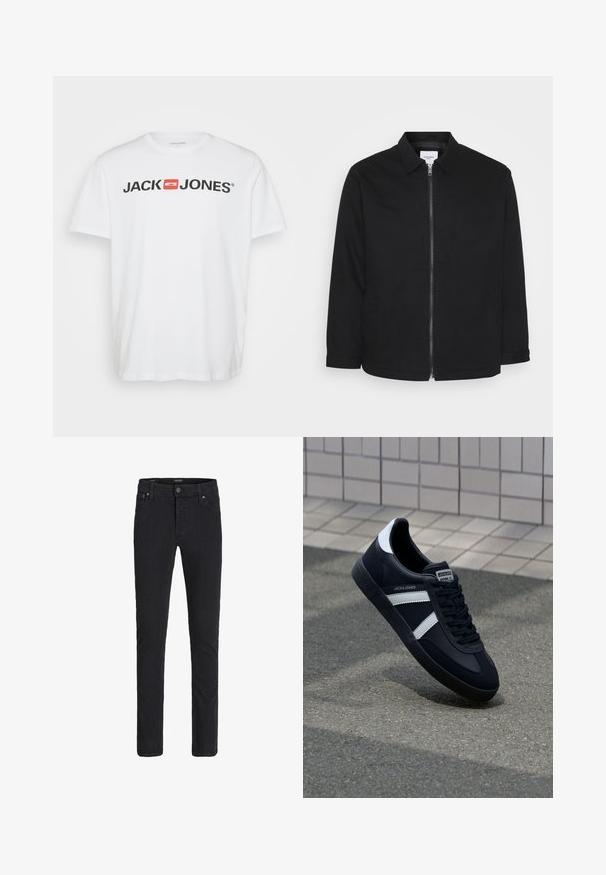 Schwarze Baumwolljacke mit Reißverschluss vorne, Kragen, Seitentaschen und langen Ärmeln. Einfaches Design mit glatter Textur.; Weißes Baumwoll-T-Shirt mit dem schwarzen "JACK & JONES" Logo und einem roten rechteckigen Akzent. Kurze Ärmel und Rundhalsausschnitt. Glatte Textur.; Schwarze Slim-Fit-Jeans mit Frontknopf und Reißverschluss, Fünf-Taschen-Design und Gürtelschlaufen.; Schwarze Leder-Sneaker mit weißen Streifen, strukturiertem Gummisohle und Schnürung. Verfügt über ein Markenetikett auf der Zunge.