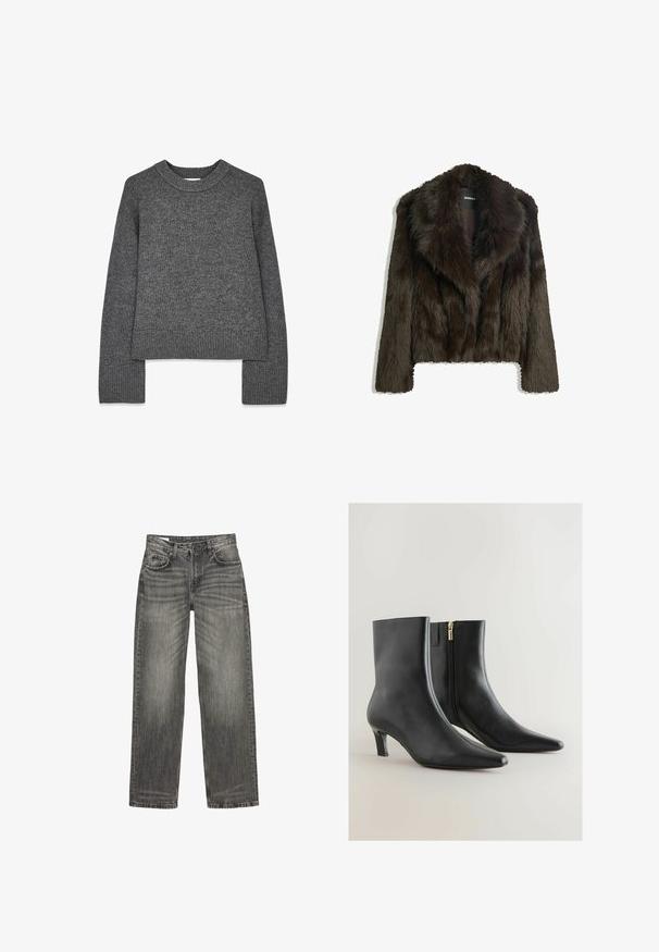 Brun faux fur jakke med sjalskrave og cropped design. Har en blød, tekstureret overflade og er fuldt foret.; Grå strikket sweater med lange ærmer, rund hals, ribbede manchetter og kant. Blød tekstur med et let cropped design.; Grå denim jeans med afslappet pasform, som har fem lommer, diskret falmning og et lige ben design. Klassisk talje med bæltesløjfer.; Sorte læderankelstøvler med spidst tåparti og lav hæl. Har en sidesyning med gyldent accent og en glat, poleret overflade.