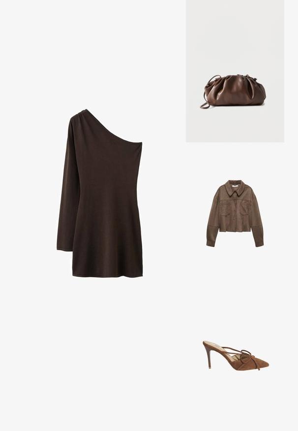 Bruine faux-suede cropped jas met een kraaghals, twee borstzakken en lange mouwen, voorzien van knoopsluiting en gestikte details.; Bruine top met één schouder en een lange mouw aan één kant. Zacht, rekbaar materiaal met een gladde textuur; eenvoudig, onopgesmukt ontwerp.; Desa Muiltjes met hak - brown; Zachte bruine leren tas met samengevouwen bovenkant en smalle riem, liggend op een witte achtergrond.