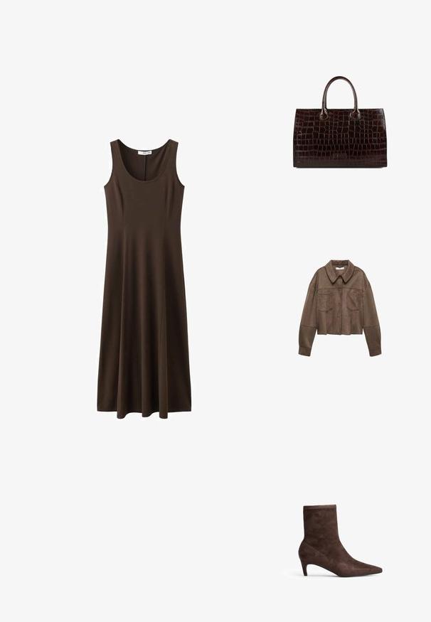 Bruine faux-suede cropped jas met een kraaghals, twee borstzakken en lange mouwen, voorzien van knoopsluiting en gestikte details.; Bruine mouwloze jurk gemaakt van een gladde, rekbare stof, met een ronde halslijn en een A-lijn silhouet met een vloeiende zoom.; Bruine suède enkelboot met een spitse neus en slanke hak. Heeft een zachte textuur en een hoge schachtontwerp.; Donkerbruin krokodillen-embossed handtas met twee ronde handgrepen, rechthoekige vorm, gladde textuur en logo detail aan de onderkant van de voorkant.